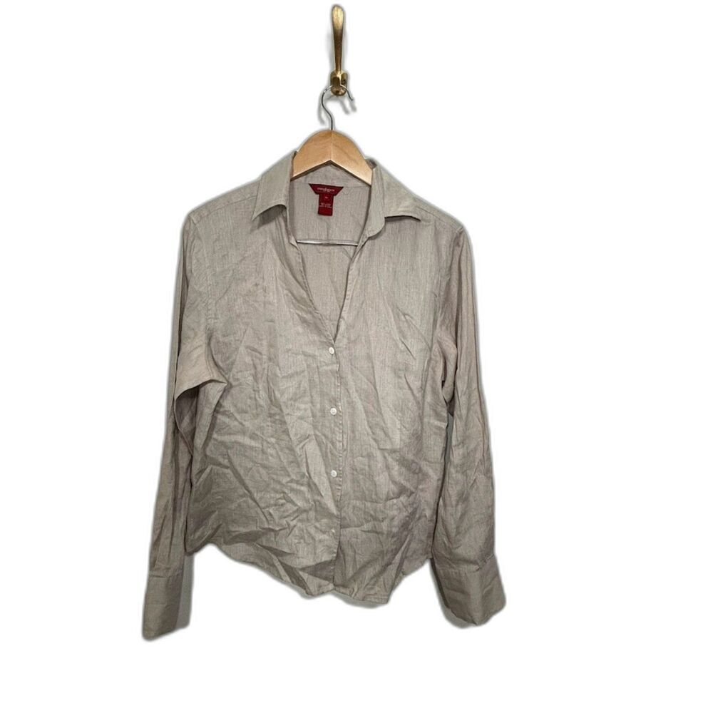 Sundance Linen Button Up Shirt V neck size 16 EUC tan Khaki Lagenlook Travel